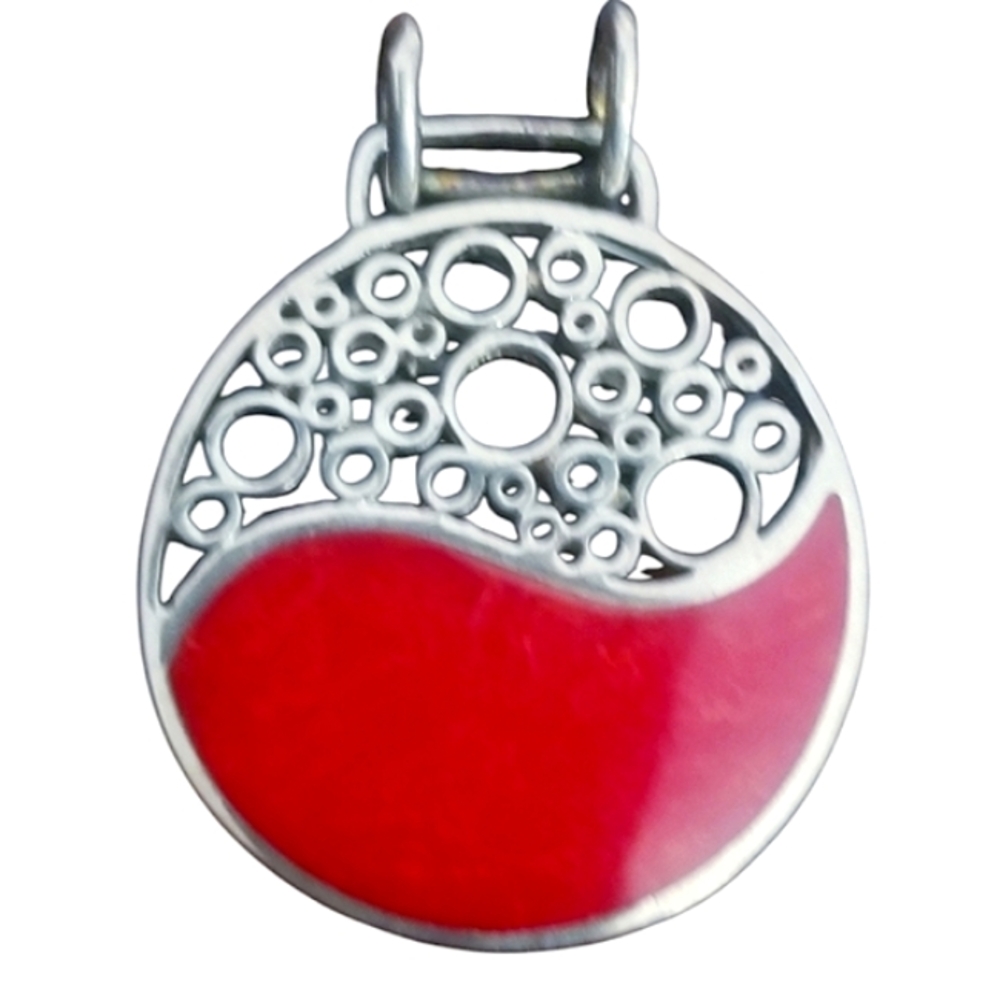 Sterling Silver Pendant Silver And Red Coral Vintage Yin Yang
